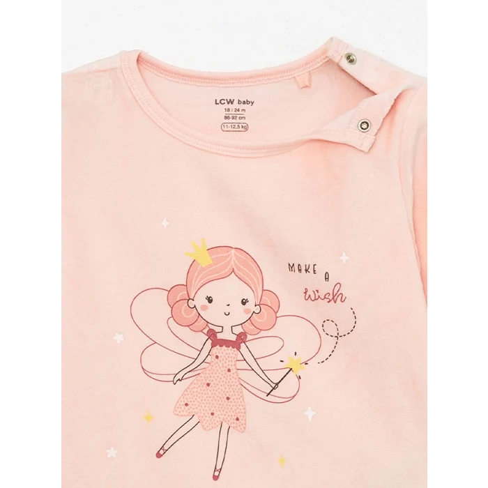 LCW baby Pembe Bisiklet Yaka Kadife Kız Bebek Pijama Takımı