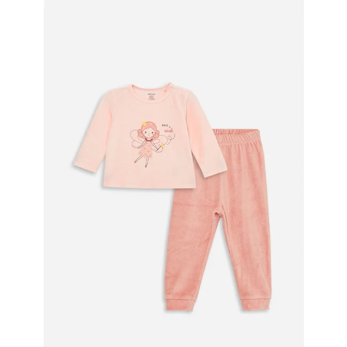 LCW baby Pembe Bisiklet Yaka Kadife Kız Bebek Pijama Takımı