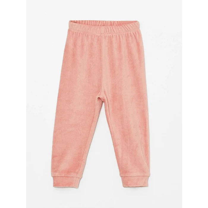 LCW baby Pembe Bisiklet Yaka Kadife Kız Bebek Pijama Takımı