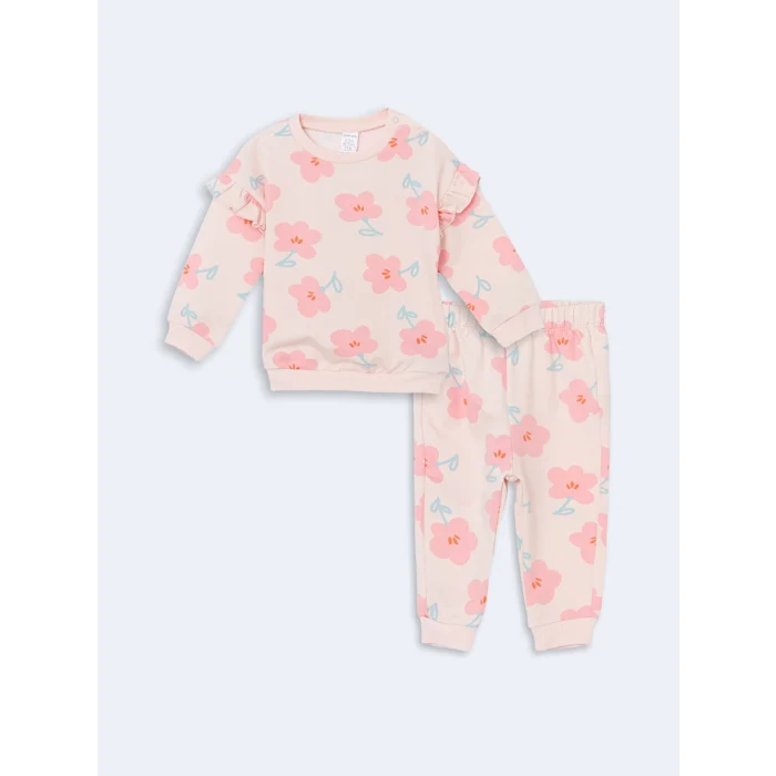 LCW baby Pembe Bisiklet Yaka Kız Çocuk Sweatshirt ve Tayt