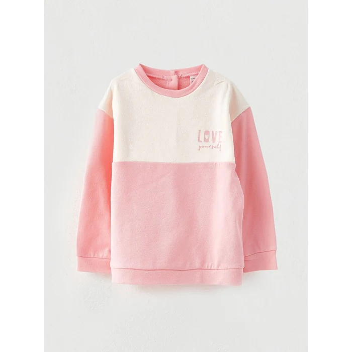 LCW baby Pembe Bisiklet Yaka Uzun Kollu Baskılı Kız Bebek Sweatshirt ve Eşofman Alt 2li Takım