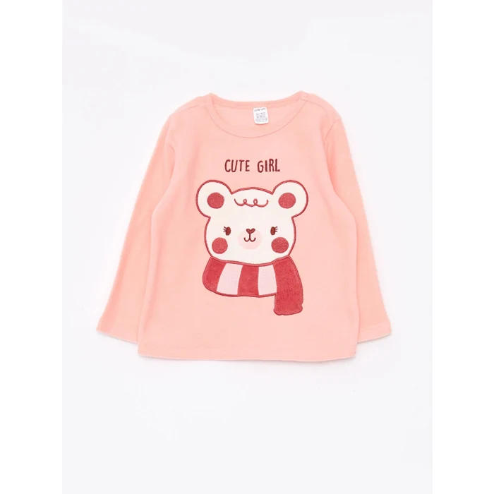 LCW baby Pembe Bisiklet Yaka Uzun Kollu Kız Bebek Pijama Takımı