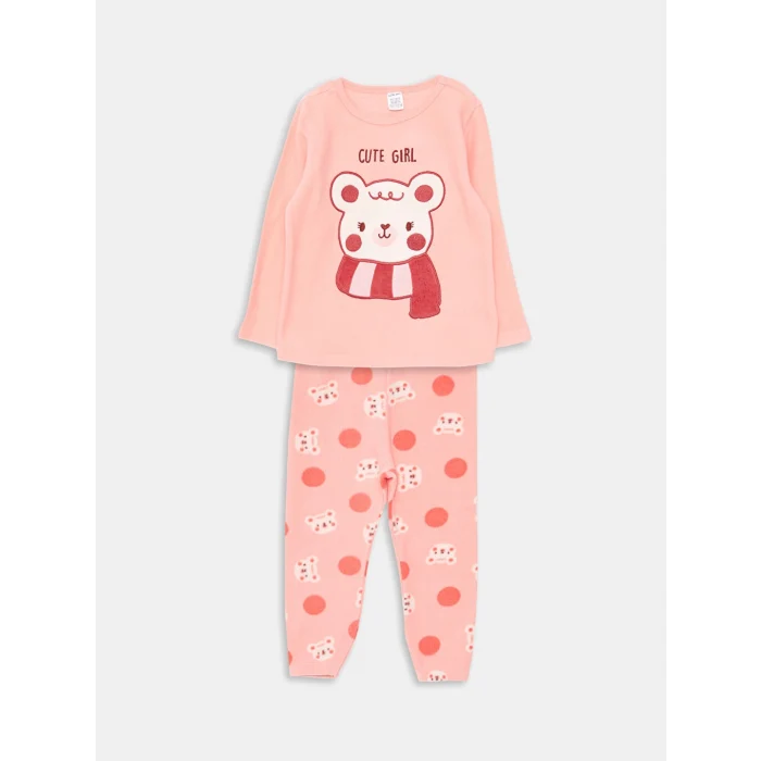 LCW baby Pembe Bisiklet Yaka Uzun Kollu Kız Bebek Pijama Takımı