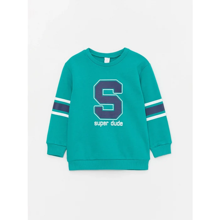 LCW baby Yeşil Bisiklet Yaka Baskılı Erkek Bebek Sweatshirt ve Eşofman Alt 2li