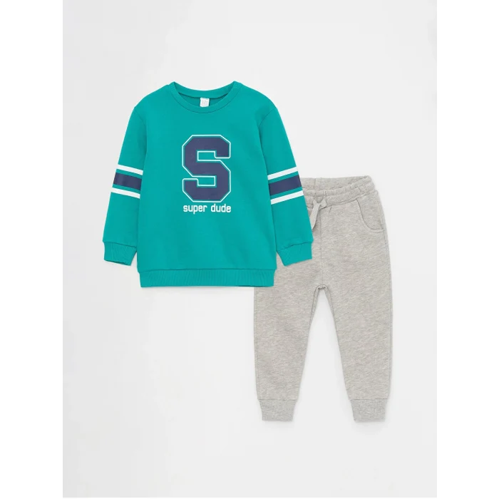 LCW baby Yeşil Bisiklet Yaka Baskılı Erkek Bebek Sweatshirt ve Eşofman Alt 2li