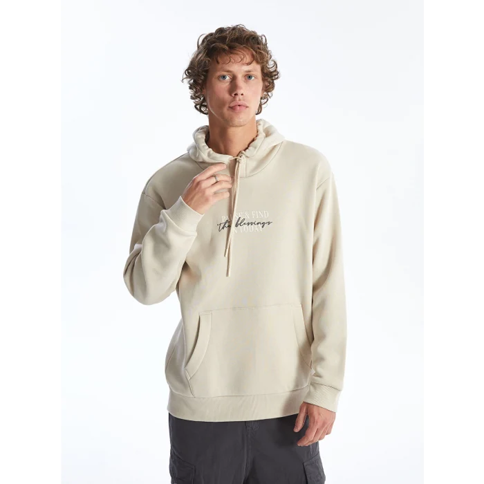 LCW Casual Bej Uzun Kollu Baskılı Erkek Kalın Hoodie