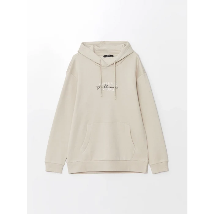 LCW Casual Bej Uzun Kollu Baskılı Erkek Kalın Hoodie