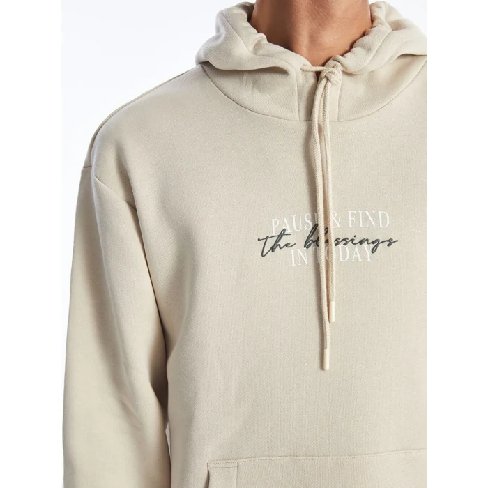 LCW Casual Bej Uzun Kollu Baskılı Erkek Kalın Hoodie