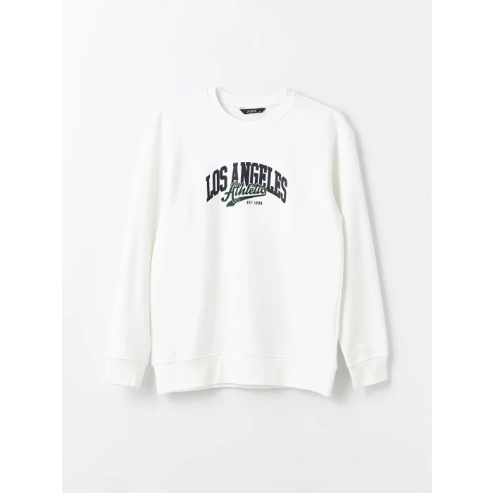 LCW Casual Ekru Bisiklet Yaka Uzun Kollu Baskılı Erkek Sweatshirt