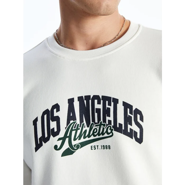 LCW Casual Ekru Bisiklet Yaka Uzun Kollu Baskılı Erkek Sweatshirt