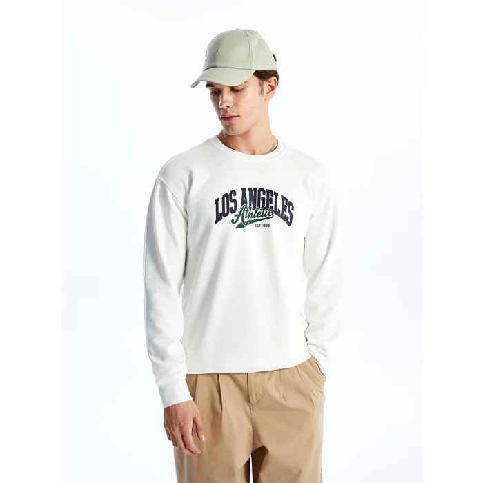 LCW Casual Ekru Bisiklet Yaka Uzun Kollu Baskılı Erkek Sweatshirt