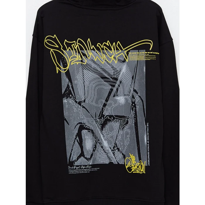 LCW Casual Siyah Uzun Kollu Baskılı Erkek Hoodie