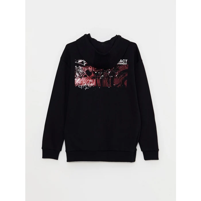 LCW Casual Siyah Uzun Kollu Baskılı Erkek Hoodie