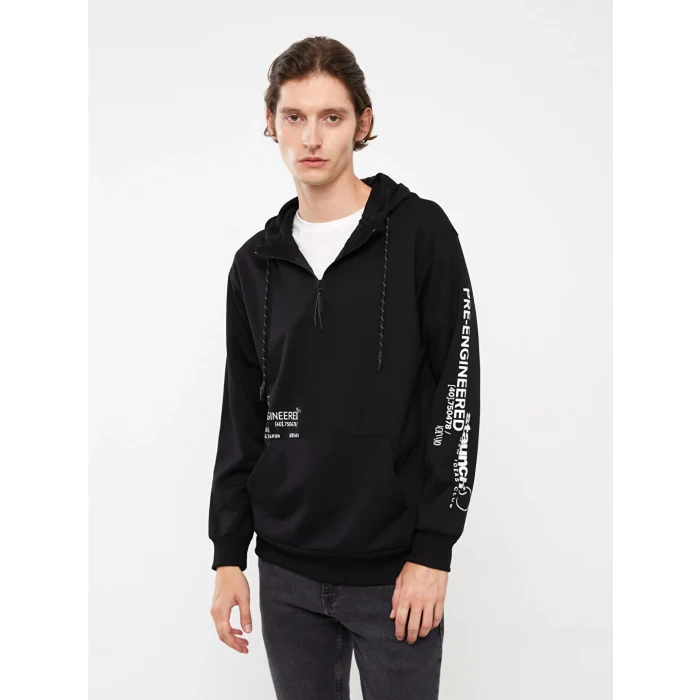 LCW Casual Siyah Uzun Kollu Baskılı Erkek Hoodie