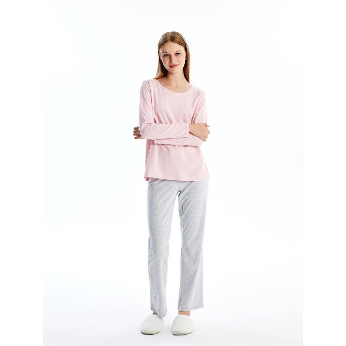 LCW DREAM Gri Bisiklet Yaka Düz Uzun Kollu Kadın Pijama Takımı