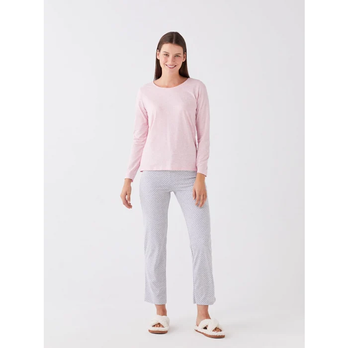 LCW DREAM Gri Bisiklet Yaka Düz Uzun Kollu Kadın Pijama Takımı