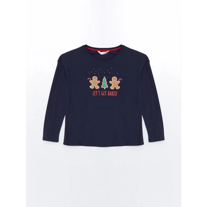 LCW DREAM Lacivert Bisiklet Yaka Baskılı Kadın Pijama Takımı