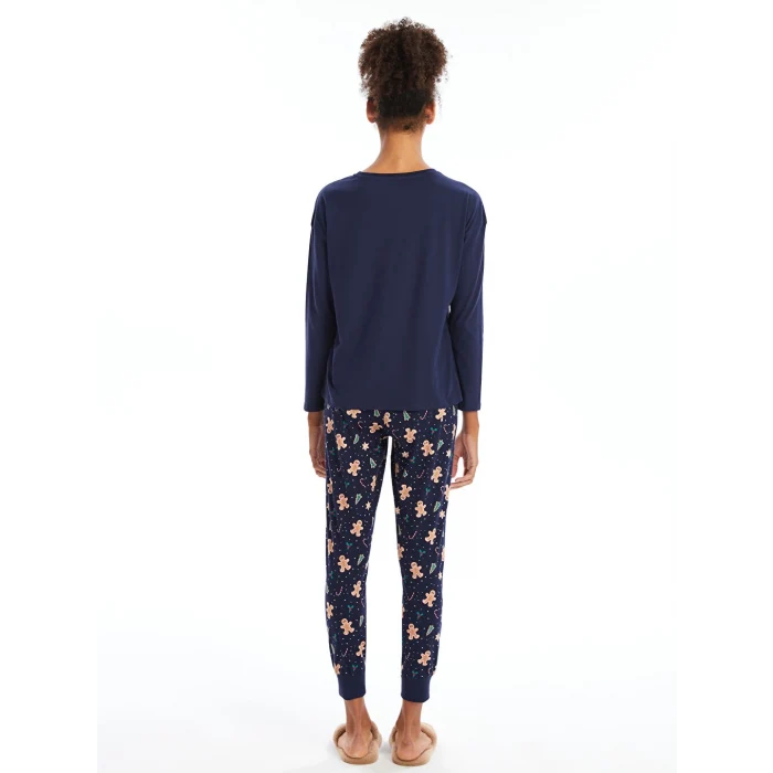 LCW DREAM Lacivert Bisiklet Yaka Baskılı Kadın Pijama Takımı