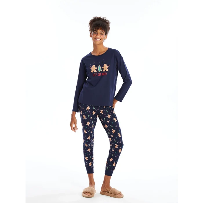 LCW DREAM Lacivert Bisiklet Yaka Baskılı Kadın Pijama Takımı