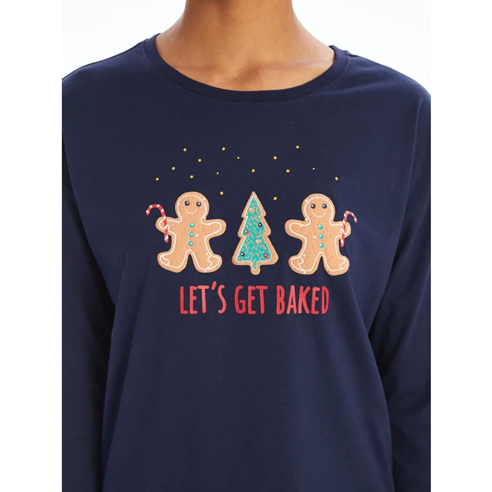 LCW DREAM Lacivert Bisiklet Yaka Baskılı Kadın Pijama Takımı