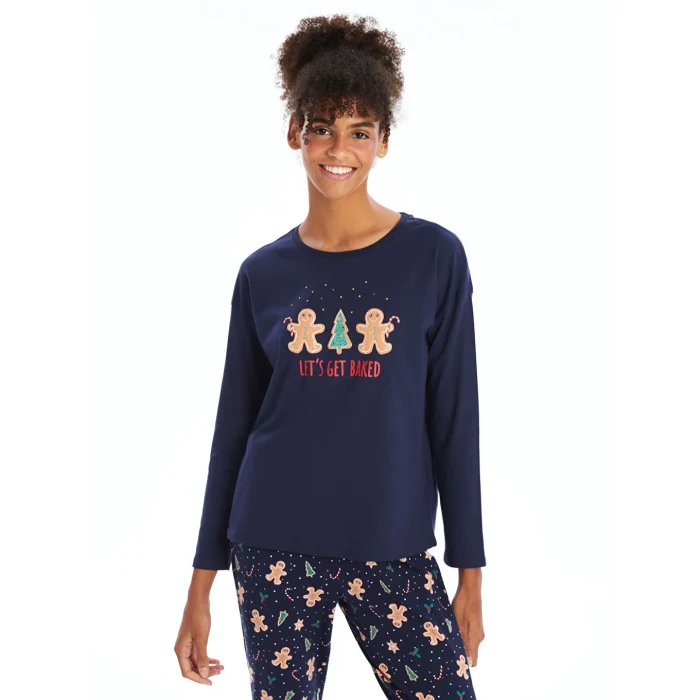 LCW DREAM Lacivert Bisiklet Yaka Baskılı Kadın Pijama Takımı