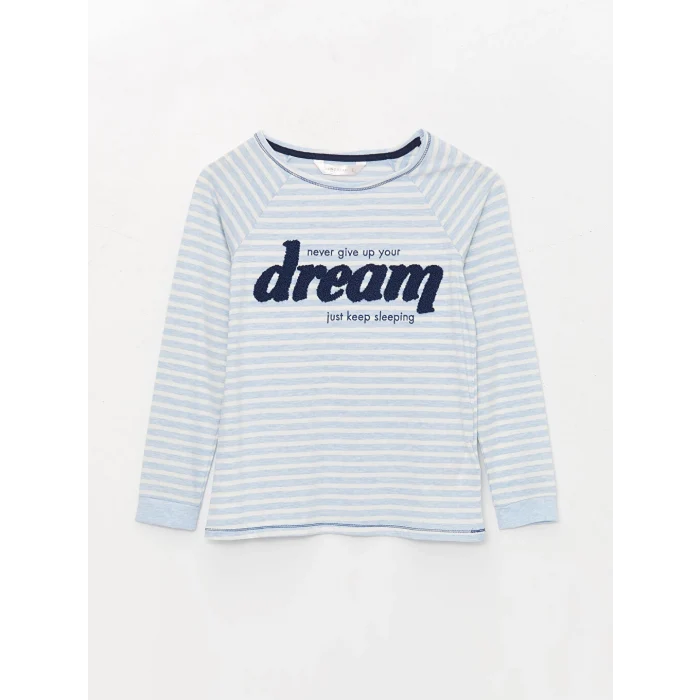 LCW DREAM Mavi Bisiklet Yaka Nakışlı Uzun Kollu Kadın Pijama Takımı