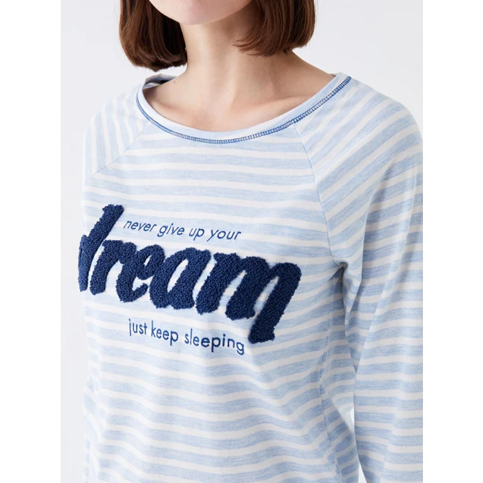 LCW DREAM Mavi Bisiklet Yaka Nakışlı Uzun Kollu Kadın Pijama Takımı