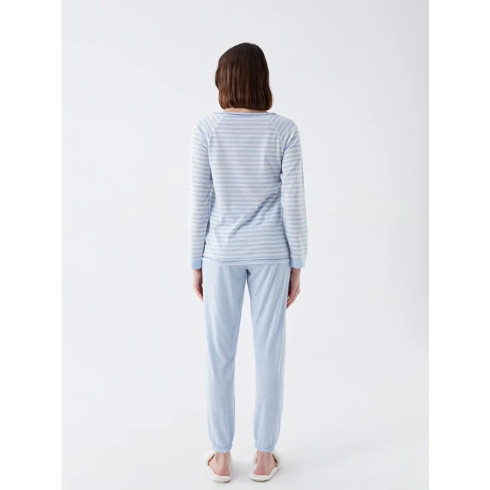 LCW DREAM Mavi Bisiklet Yaka Nakışlı Uzun Kollu Kadın Pijama Takımı