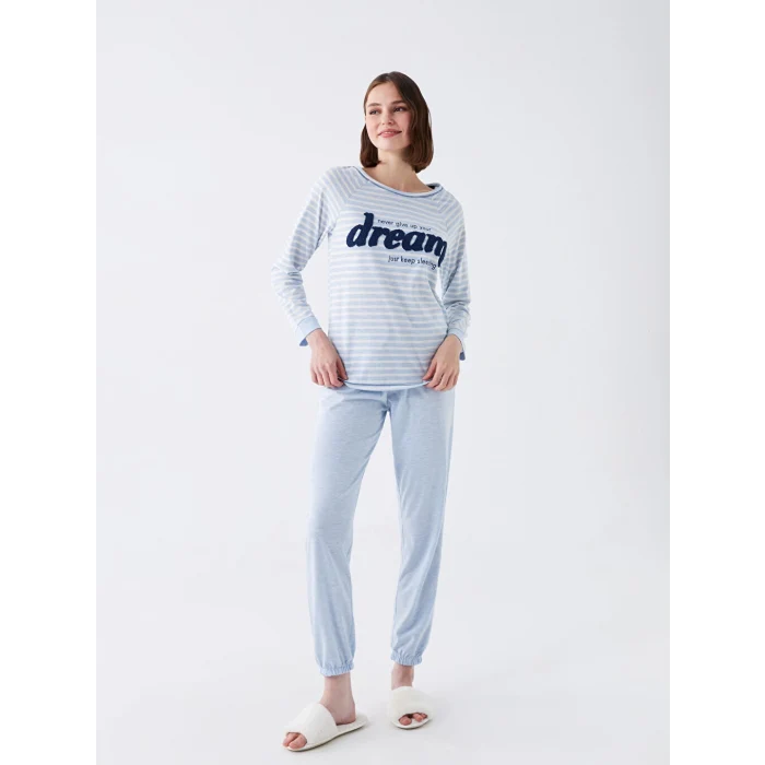 LCW DREAM Mavi Bisiklet Yaka Nakışlı Uzun Kollu Kadın Pijama Takımı