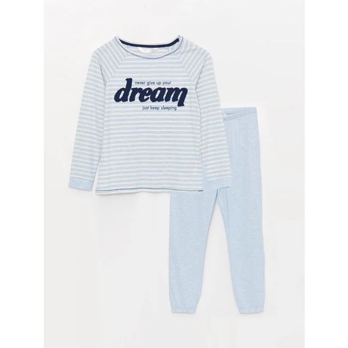 LCW DREAM Mavi Bisiklet Yaka Nakışlı Uzun Kollu Kadın Pijama Takımı