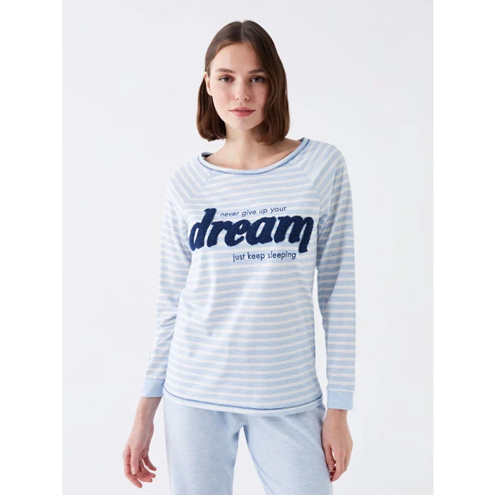 LCW DREAM Mavi Bisiklet Yaka Nakışlı Uzun Kollu Kadın Pijama Takımı