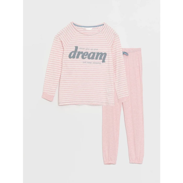 LCW DREAM Pembe Bisiklet Yaka Nakışlı Uzun Kollu Kadın Pijama Takımı