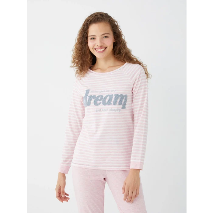 LCW DREAM Pembe Bisiklet Yaka Nakışlı Uzun Kollu Kadın Pijama Takımı