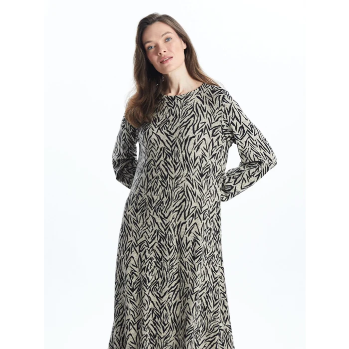 LCW Grace Bej Bisiklet Yaka Desenli Kadın Elbise