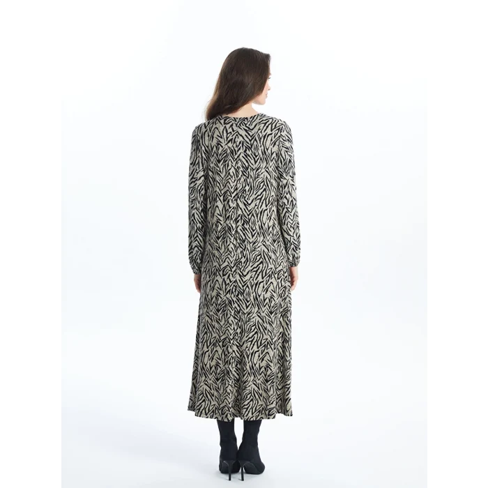 LCW Grace Bej Bisiklet Yaka Desenli Kadın Elbise