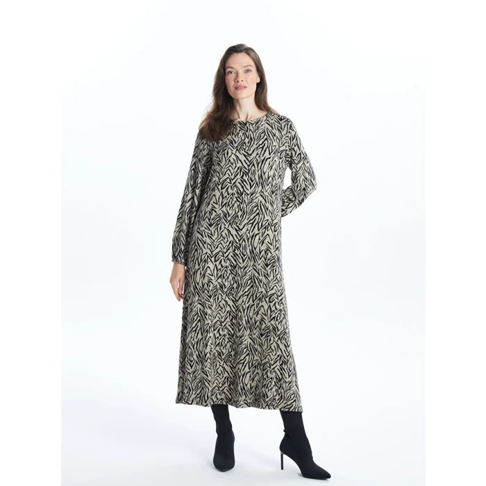 LCW Grace Bej Bisiklet Yaka Desenli Kadın Elbise