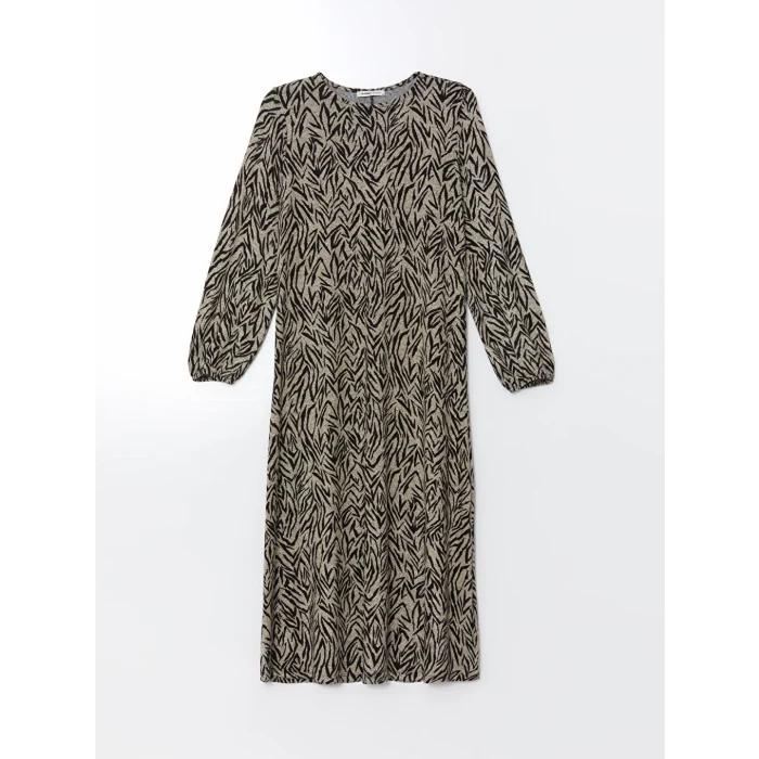 LCW Grace Bej Bisiklet Yaka Desenli Kadın Elbise