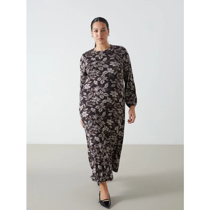 LCW Grace Kahverengi Bisiklet Yaka Desenli Kadın Elbise