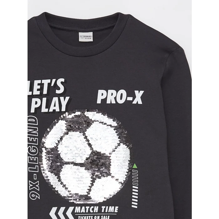 LCW Kids Antrasit Bisiklet Yaka Baskılı Çift Yönlü Payetli Uzun Kollu Erkek Çocuk Tişört