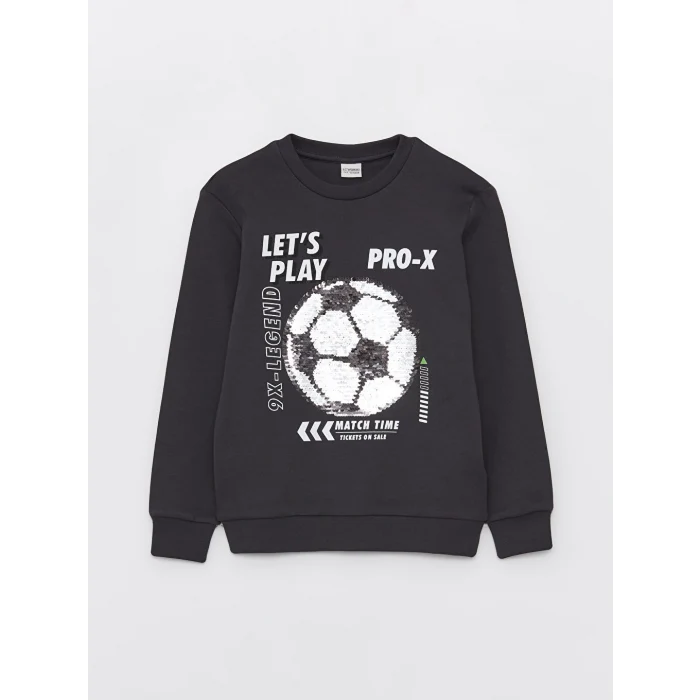 LCW Kids Antrasit Bisiklet Yaka Baskılı Çift Yönlü Payetli Uzun Kollu Erkek Çocuk Tişört