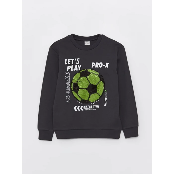 LCW Kids Antrasit Bisiklet Yaka Baskılı Çift Yönlü Payetli Uzun Kollu Erkek Çocuk Tişört