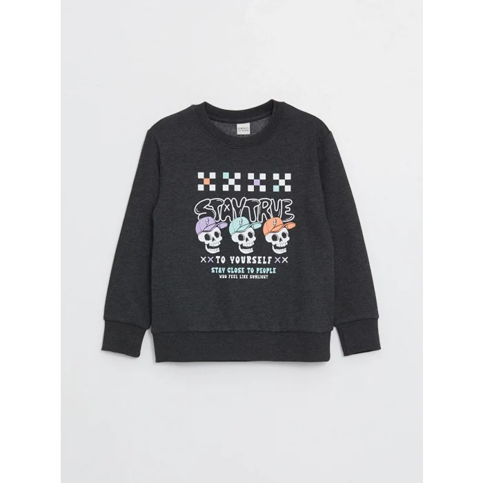 LCW Kids Antrasit Bisiklet Yaka Baskılı Uzun Kollu Erkek Çocuk Sweatshirt
