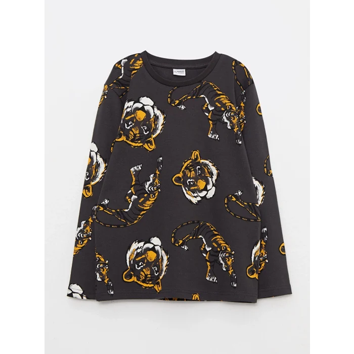 LCW Kids Antrasit Bisiklet Yaka Baskılı Uzun Kollu Erkek Çocuk Tişört