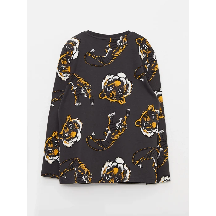 LCW Kids Antrasit Bisiklet Yaka Baskılı Uzun Kollu Erkek Çocuk Tişört