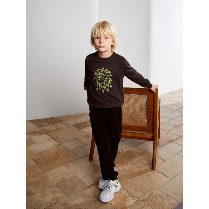 LCW Kids Antrasit Bisiklet Yaka Baskılı Uzun Kollu Erkek Çocuk Triko Kazak