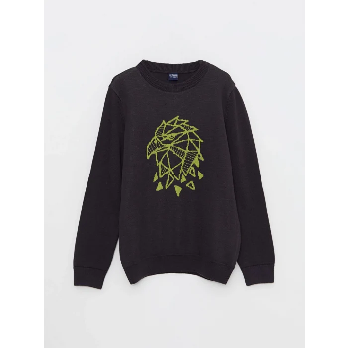 LCW Kids Antrasit Bisiklet Yaka Baskılı Uzun Kollu Erkek Çocuk Triko Kazak