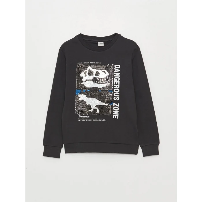LCW Kids Antrasit Bisiklet Yaka Çift Yönlü Payetli Uzun Kollu Erkek Çocuk Sweatshirt