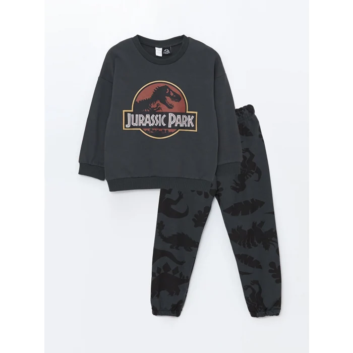 LCW Kids Antrasit Bisiklet Yaka Jurassic Park Baskılı Erkek Çocuk Eşofman Takım