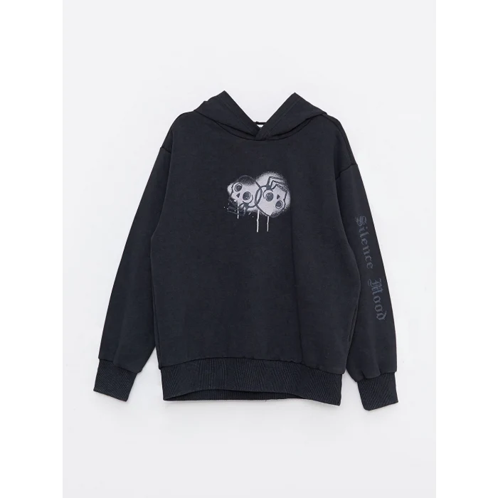 LCW Kids Antrasit Kapüşonlu Baskılı Uzun Kollu Erkek Çocuk Sweatshirt