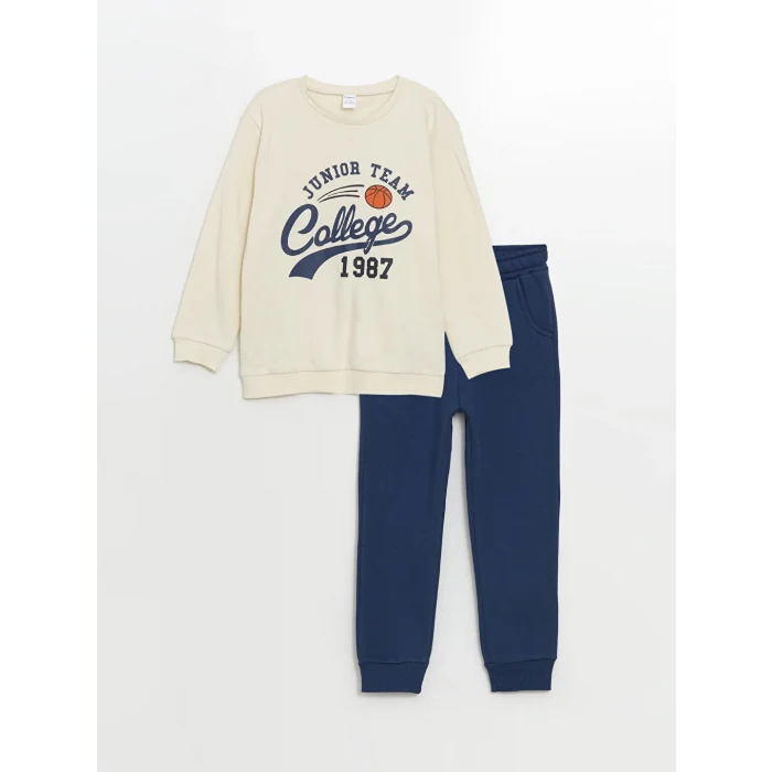 LCW Kids Bej Bisiklet Yaka Baskılı Erkek Bebek Sweatshirt ve Eşofman Alt 2li Takım